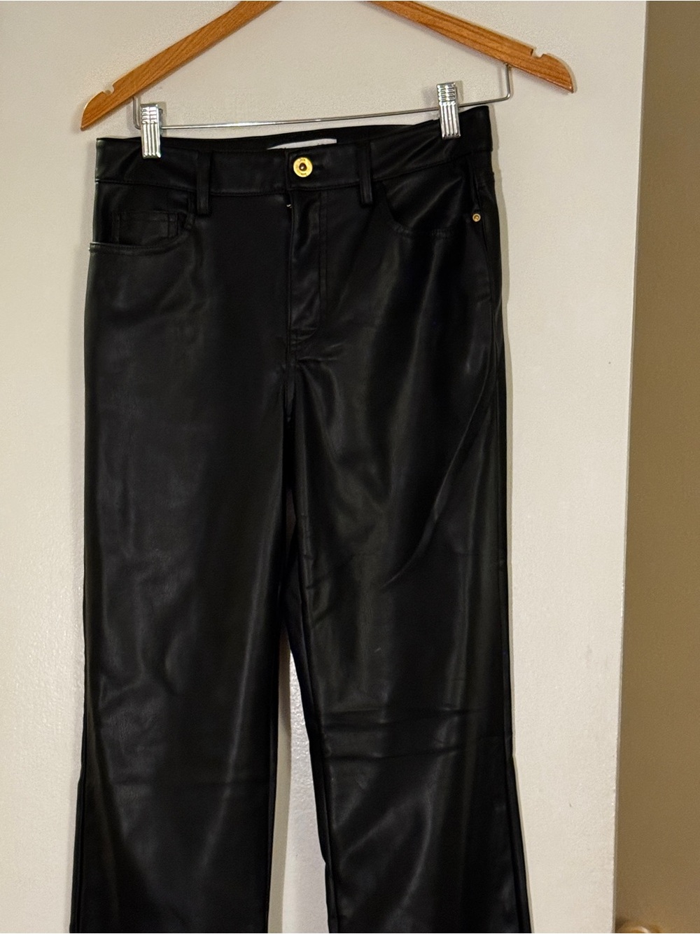 Zara Black Faux Leather Straight-Leg Pants with Gold Button